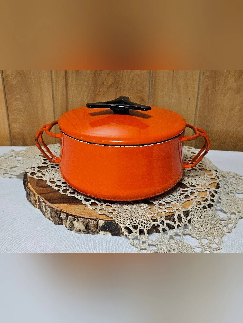 Vtg Milanoware Mid Century Modern 2 Qt Enamel Pot & Lid Made In Italy Orange Wht